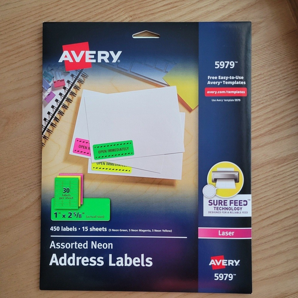 Avery 5979 Assorted Neon‎ Address Labels 1 x 2-5/8 Laser 450 Labels 15 Sheets